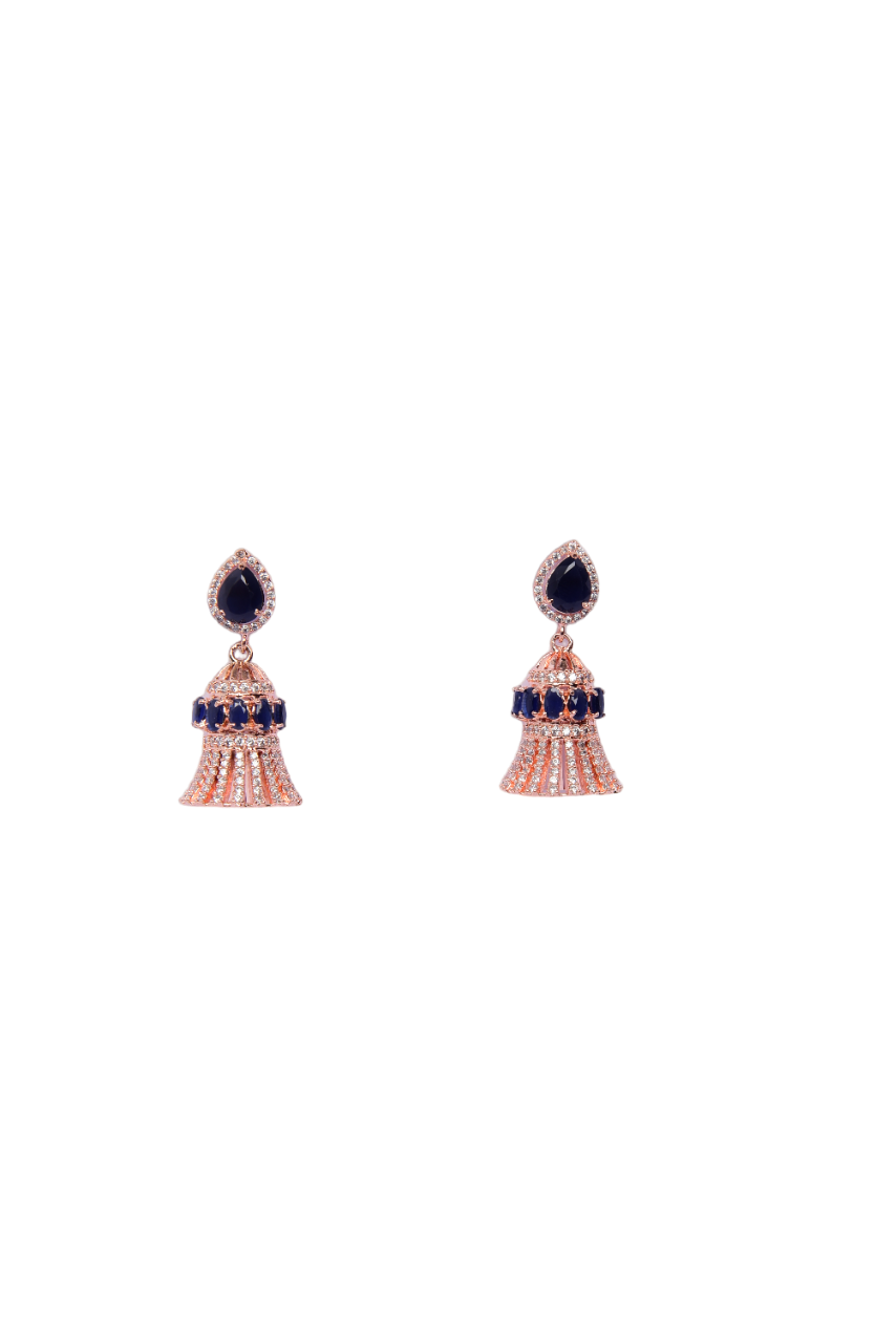 Namokriti Rose Gold-Toned Teardrop Jhumka Earrings – Beautifully Embellished with Dark Blue stone & cubic zircoin stone for Classic Elegance